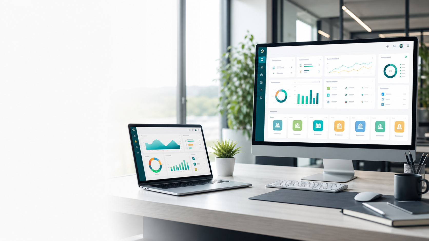 Modern ERP analytics workspace with finance and administration dashboards